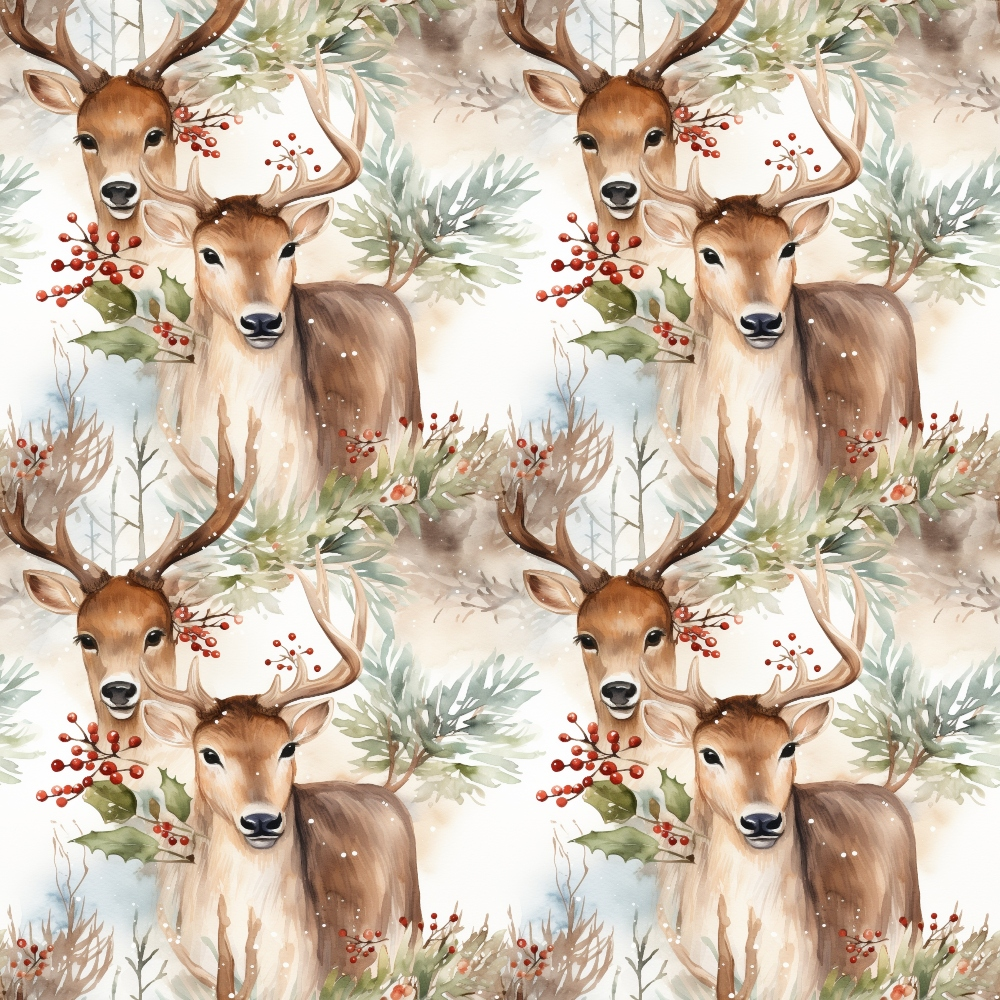 Repeating pattern of watercolor deer with antlers surrounded by holly leaves, red berries, and greenery on a light background.