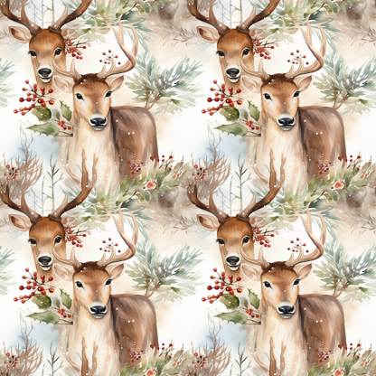 Repeating pattern of watercolor deer with antlers surrounded by holly leaves, red berries, and greenery on a light background.