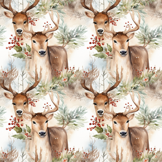 Repeating pattern of watercolor deer with antlers surrounded by holly leaves, red berries, and greenery on a light background.