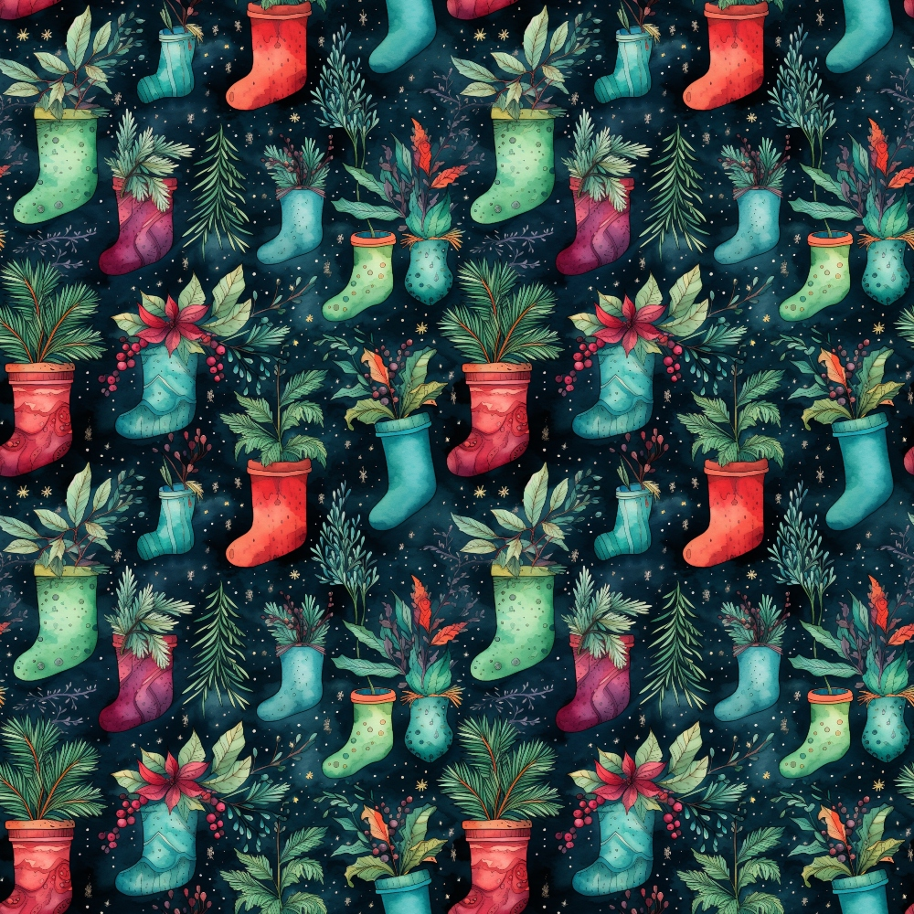 Festive pattern with colorful stockings filled with greenery and berries on a dark background.