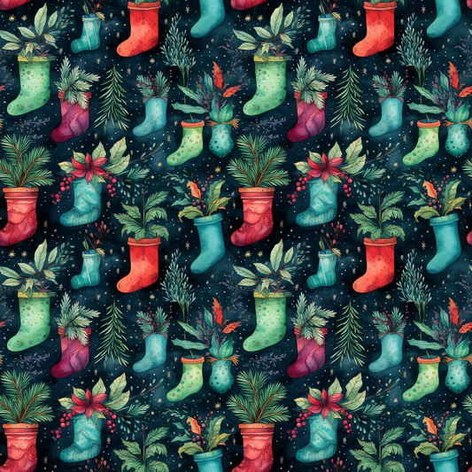 Festive pattern with colorful stockings filled with greenery and berries on a dark background.