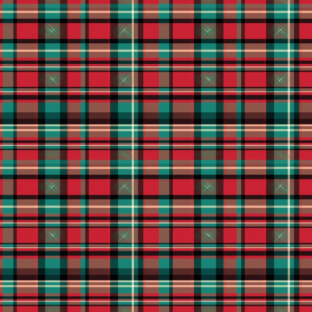 A red, green, and black tartan pattern with thin white and beige lines, forming intersecting squares.