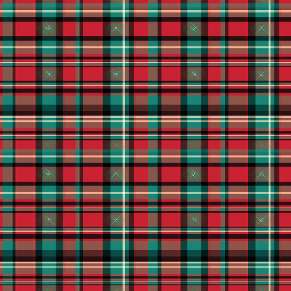 A red, green, and black tartan pattern with thin white and beige lines, forming intersecting squares.