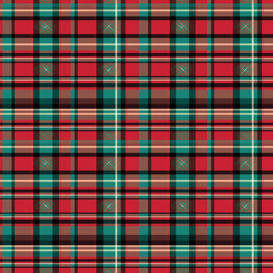 A red, green, and black tartan pattern with thin white and beige lines, forming intersecting squares.