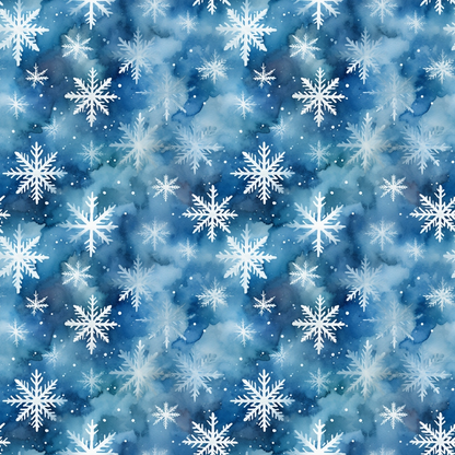 White snowflakes on a blue watercolor background, forming a repeating pattern.