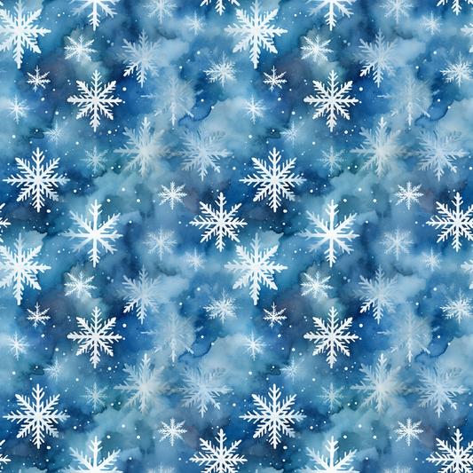 White snowflakes on a blue watercolor background, forming a repeating pattern.