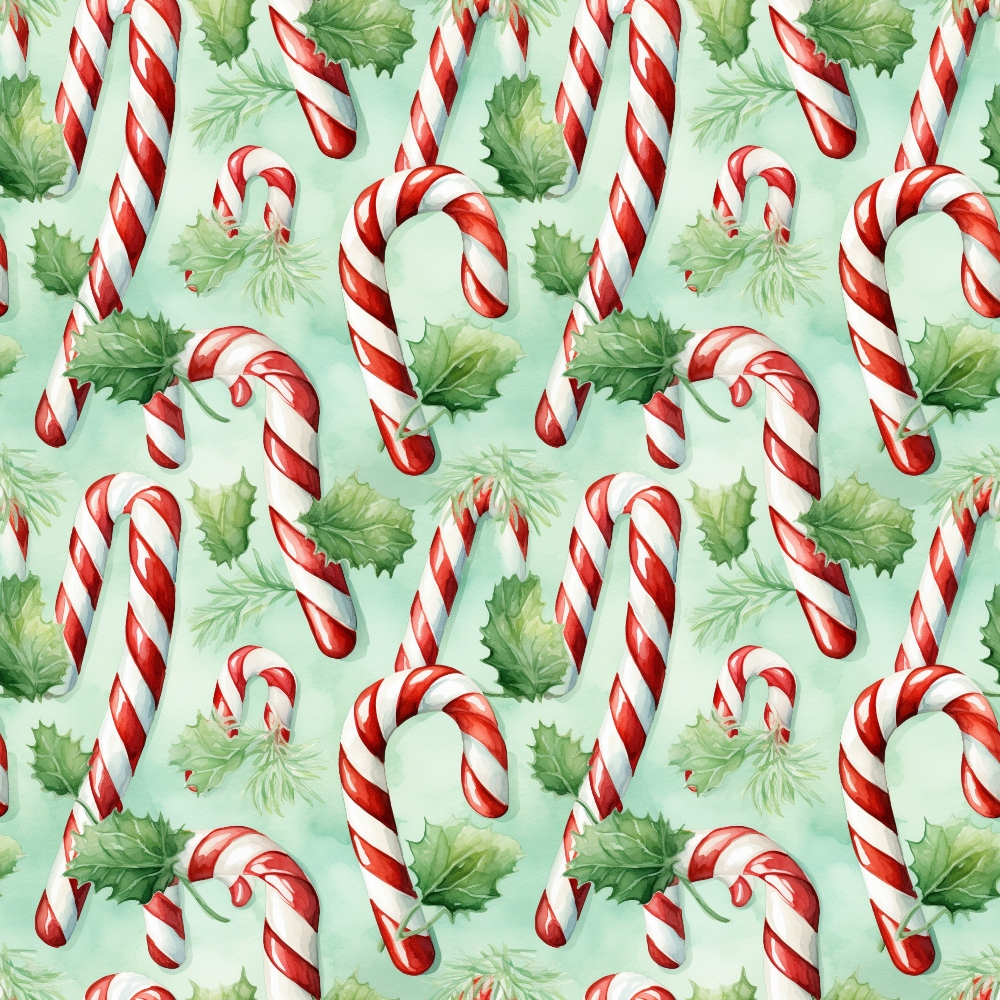 Pattern of red and white candy canes with green holly leaves on a light green background.