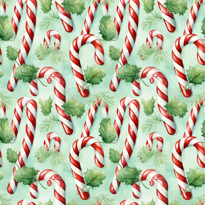 Pattern of red and white candy canes with green holly leaves on a light green background.