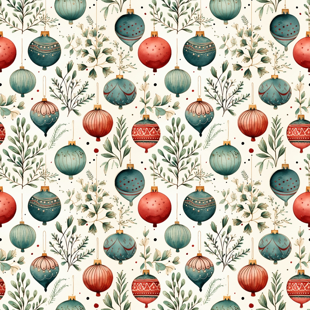 Seamless pattern of red and green Christmas ornaments and foliage on a light background.