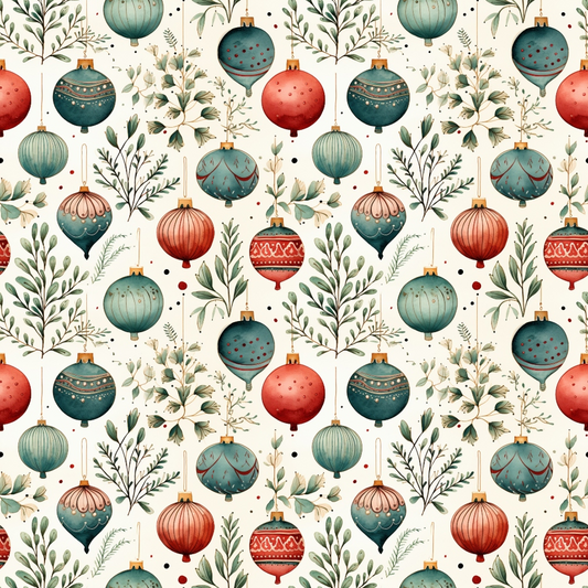 Seamless pattern of red and green Christmas ornaments and foliage on a light background.