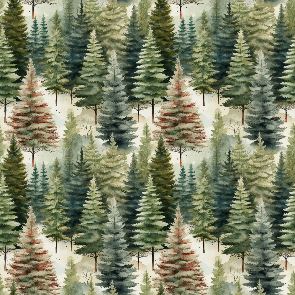 Pattern of watercolor pine trees in various shades of green, red, and beige, creating a seamless forest-themed design.