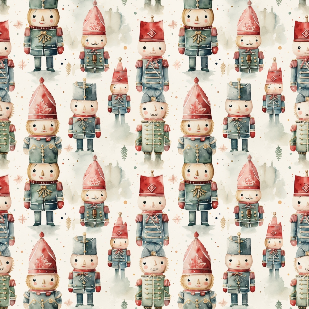 Pattern of toy soldier and nutcracker figures wearing red and green uniforms, hats, and winter attire, set against a snowy background with small trees and snowflakes.