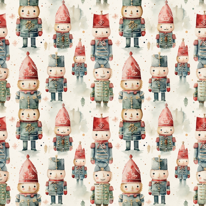 Pattern of toy soldier and nutcracker figures wearing red and green uniforms, hats, and winter attire, set against a snowy background with small trees and snowflakes.