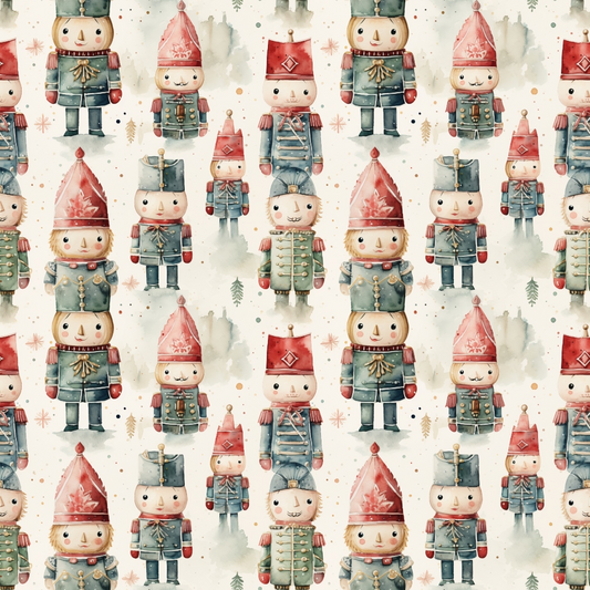 Pattern of toy soldier and nutcracker figures wearing red and green uniforms, hats, and winter attire, set against a snowy background with small trees and snowflakes.