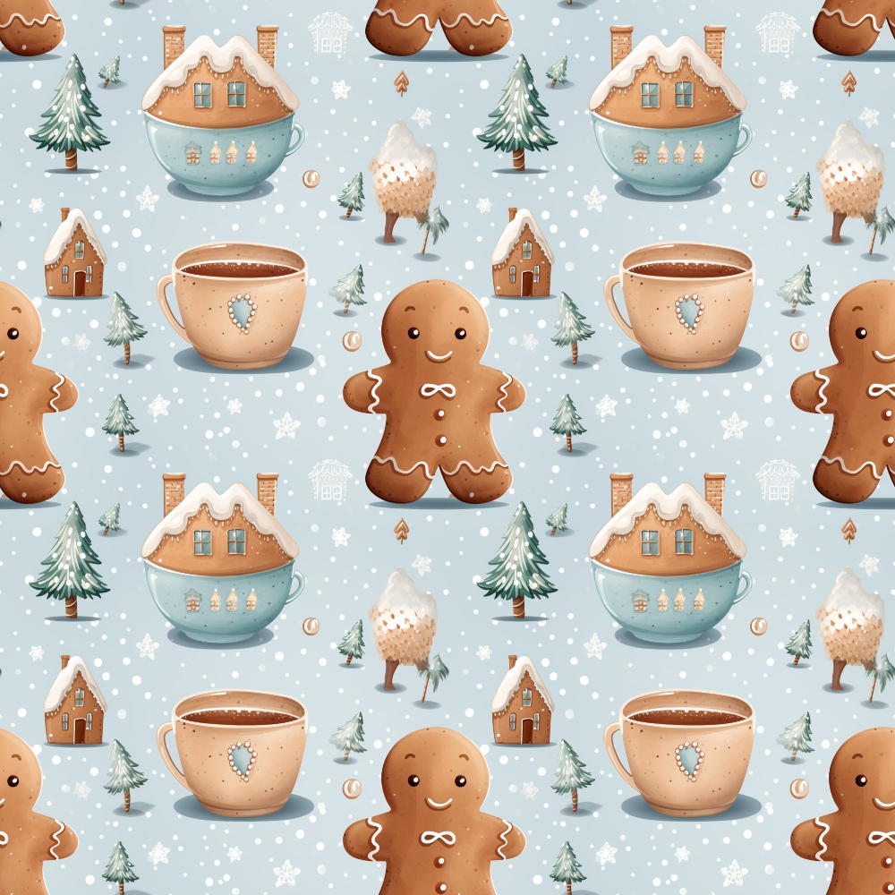 light blue, brown, white, winter pattern, gingerbread men, christmas trees, teacups, gingerbread houses, hot chocolate mugs, snowflakes, repeating pattern, quilting cotton, fabric panel, holiday theme, cozy winter, whimsical illustration, seasonal motif, snowy background, warm beverages, festive design