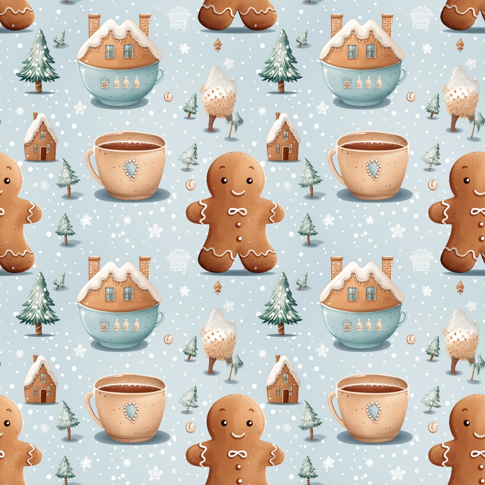 Seamless pattern with gingerbread men, steaming mugs, gingerbread houses, trees, and snowflakes on a light blue background.