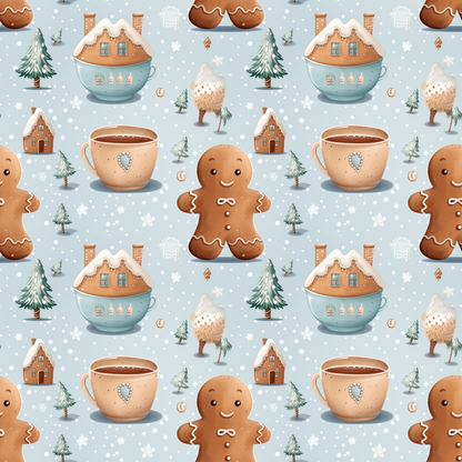 Seamless pattern with gingerbread men, steaming mugs, gingerbread houses, trees, and snowflakes on a light blue background.