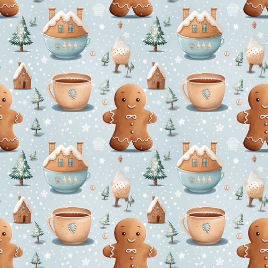 Seamless pattern with gingerbread men, steaming mugs, gingerbread houses, trees, and snowflakes on a light blue background.