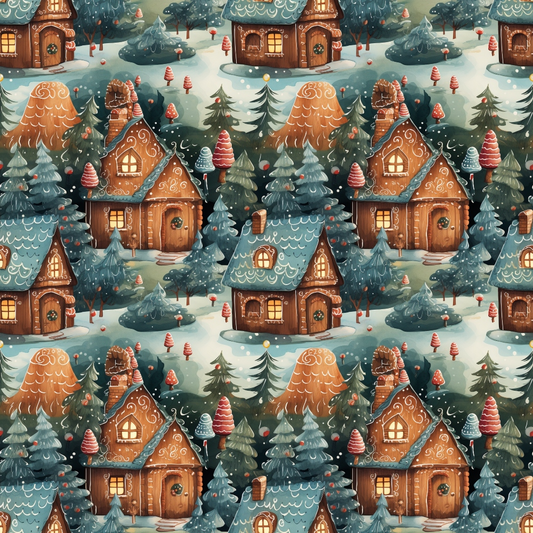 Illustration of gingerbread houses with snow-covered roofs, surrounded by evergreen trees and snowy ground, repeating in a seamless pattern.