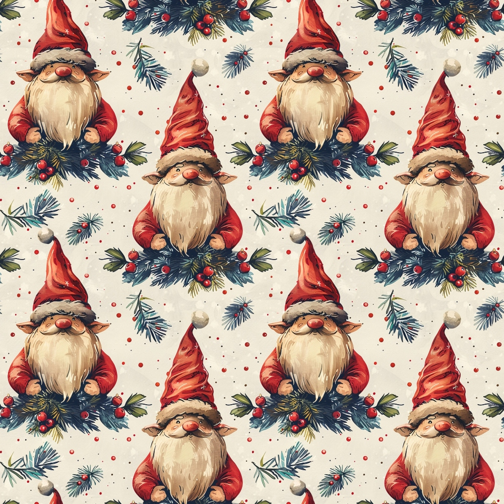 Pattern of whimsical gnomes with red hats and white beards, surrounded by pine branches, red berries, and small dots on a light background.