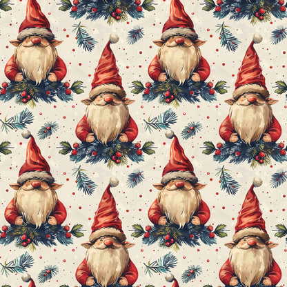 Pattern of whimsical gnomes with red hats and white beards, surrounded by pine branches, red berries, and small dots on a light background.