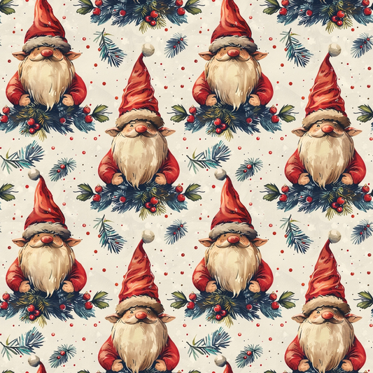 Pattern of whimsical gnomes with red hats and white beards, surrounded by pine branches, red berries, and small dots on a light background.