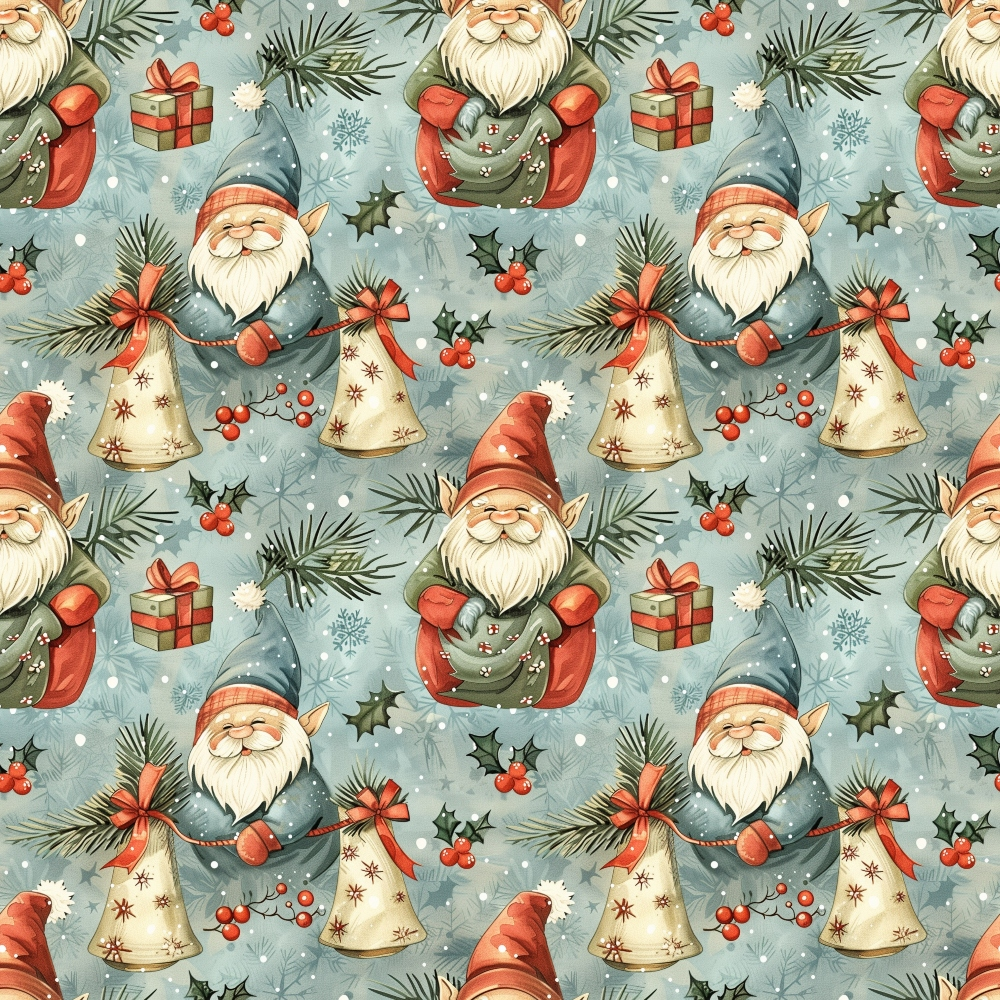 Festive pattern featuring Santa Claus figures, gift boxes, holiday bells, pine branches, and red berries on a light blue background.