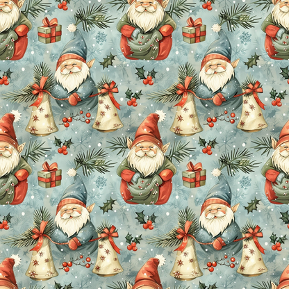 Festive pattern featuring Santa Claus figures, gift boxes, holiday bells, pine branches, and red berries on a light blue background.