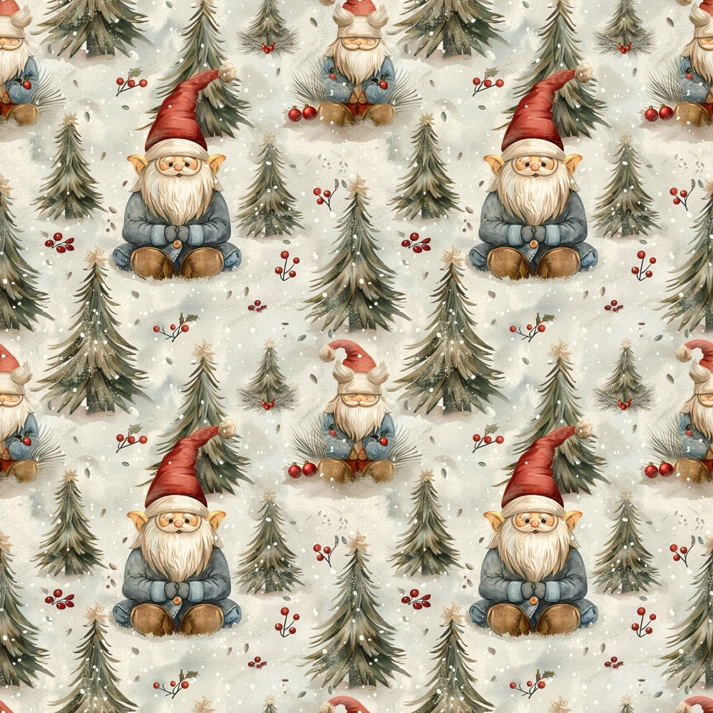 Pattern of gnomes with red hats sitting among trees and red berries on a snowy background.