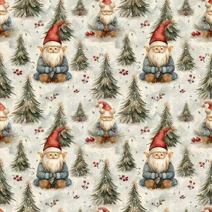 Pattern of gnomes with red hats sitting among trees and red berries on a snowy background.