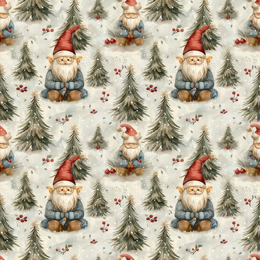 Pattern of gnomes with red hats sitting among trees and red berries on a snowy background.