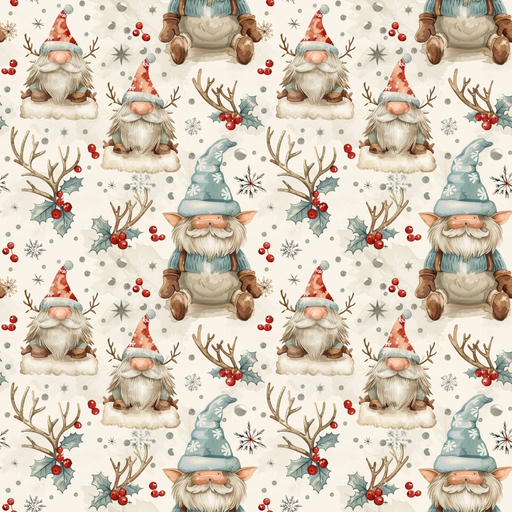 Pattern of gnomes wearing red and blue hats, with holly, pinecones, and antlers on a light background.