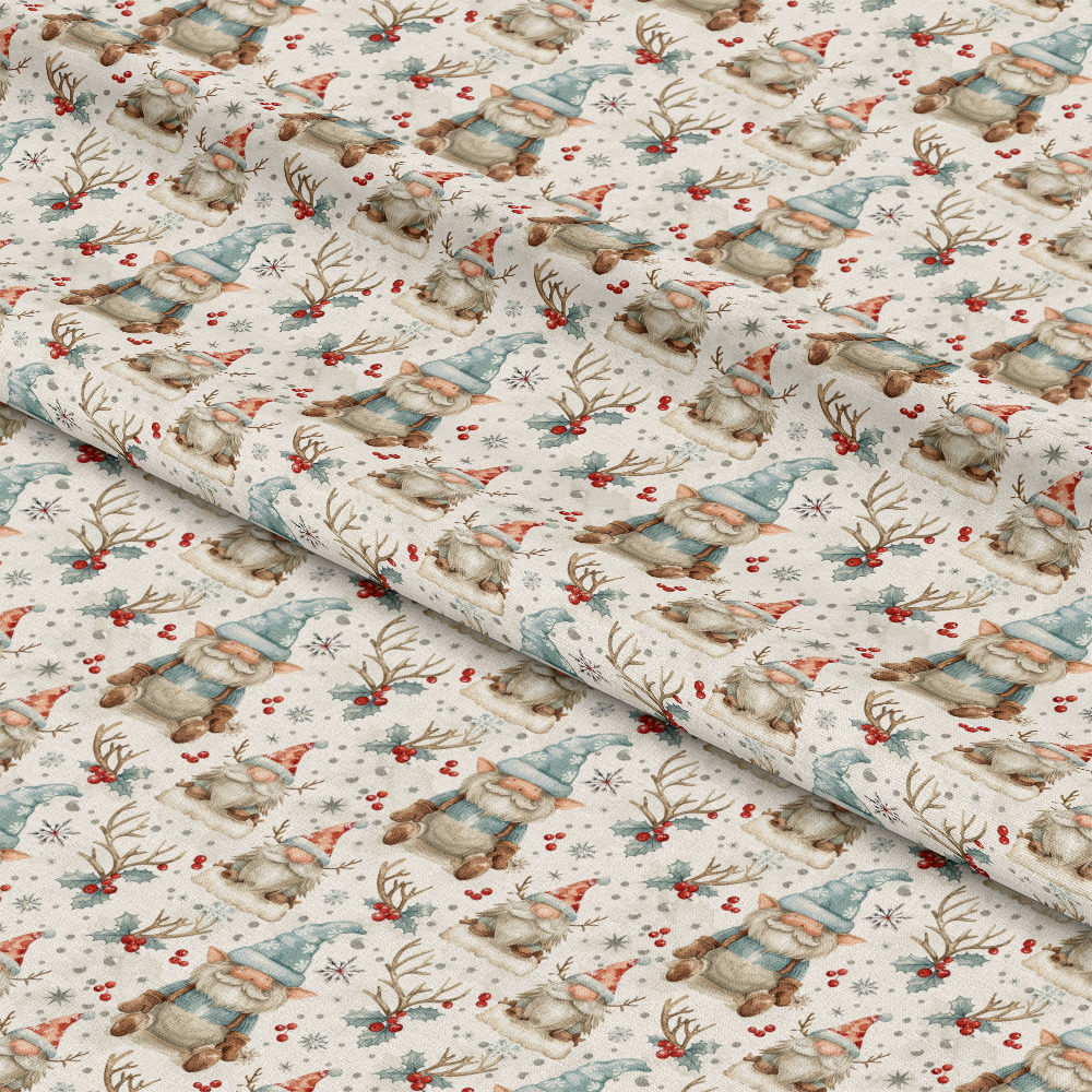 - Classic Christmas Gnomes Pattern 12 Quilting Cotton Fabric  
- beige background  
- whimsical gnome illustrations  
- soft blue, red, brown accents  
- winter holiday theme  
- festive motifs  
- Christmas decorations  
- cotton textile  
- quilting material  
- seasonal design  
- holiday crafting fabric