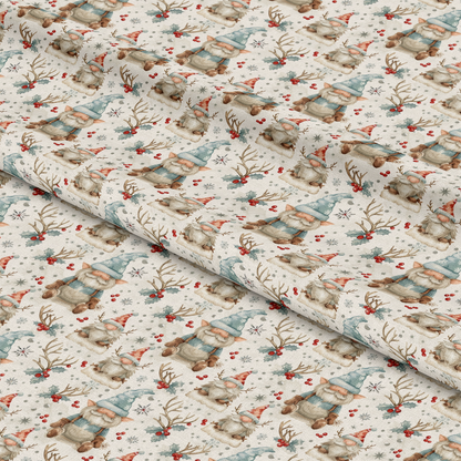 - Classic Christmas Gnomes Pattern 12 Quilting Cotton Fabric  
- beige background  
- whimsical gnome illustrations  
- soft blue, red, brown accents  
- winter holiday theme  
- festive motifs  
- Christmas decorations  
- cotton textile  
- quilting material  
- seasonal design  
- holiday crafting fabric