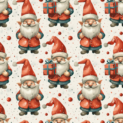 Pattern of festive gnomes with red hats and coats, holding wrapped gifts, set against a backdrop of scattered red and grey dots.