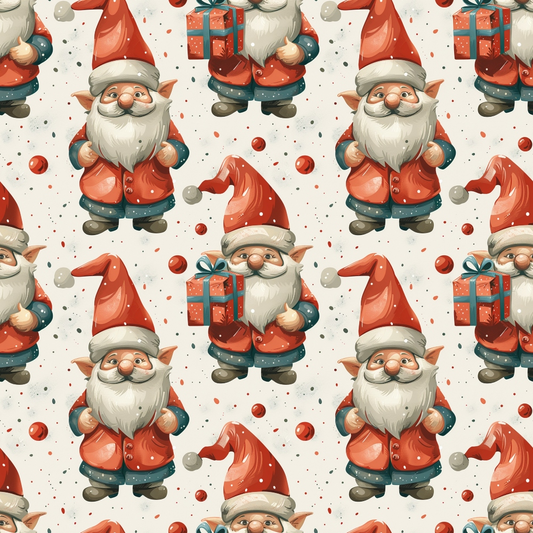 Pattern of festive gnomes with red hats and coats, holding wrapped gifts, set against a backdrop of scattered red and grey dots.