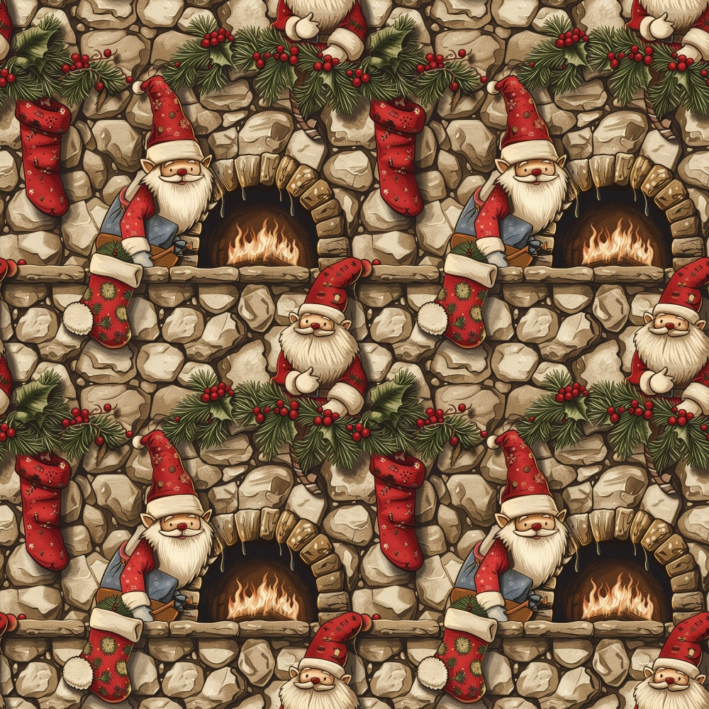 Patterned image of Santa figures by a stone fireplace, surrounded by stockings, fir branches, and red berries, repeated across the design.