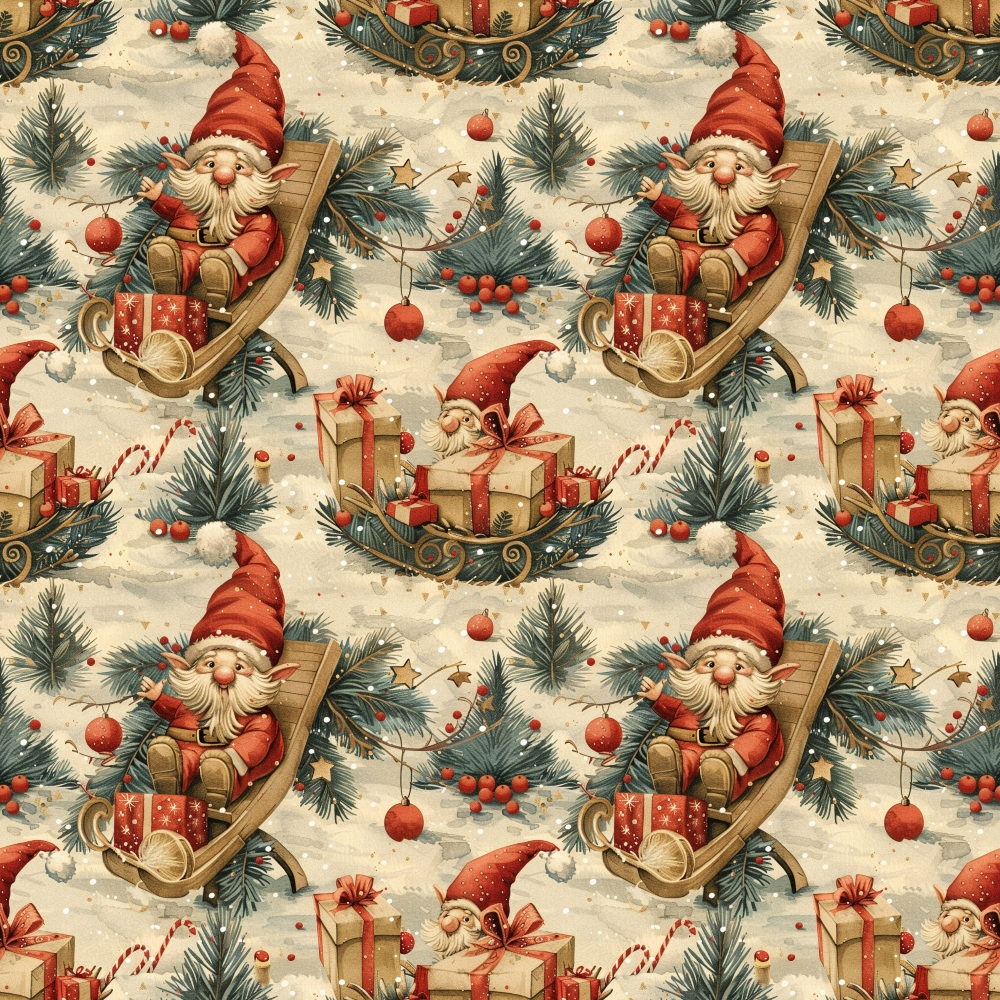 Patterned illustration of gnomes with red hats on sleds, surrounded by gift boxes, ornaments, pine branches, and snowflakes.