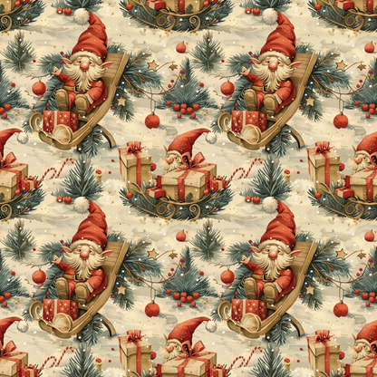 Patterned illustration of gnomes with red hats on sleds, surrounded by gift boxes, ornaments, pine branches, and snowflakes.