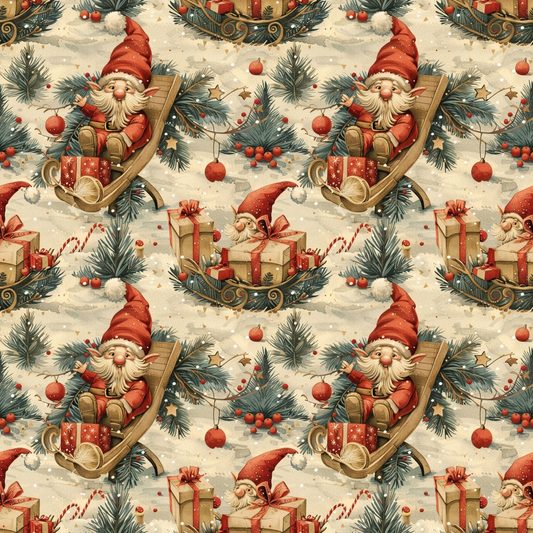 Patterned illustration of gnomes with red hats on sleds, surrounded by gift boxes, ornaments, pine branches, and snowflakes.