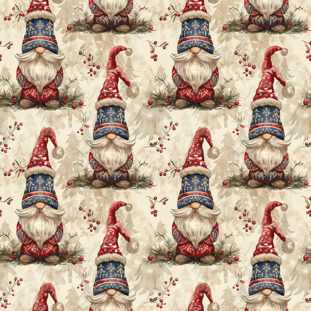 Pattern of gnomes wearing blue and red hats, surrounded by holly and pine branches on a beige background.