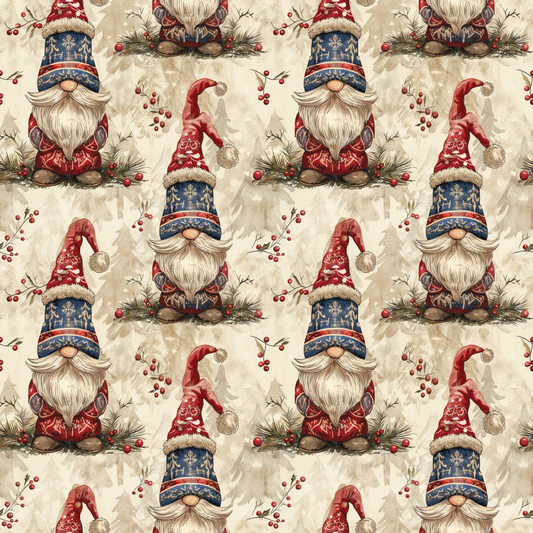 Pattern of gnomes wearing blue and red hats, surrounded by holly and pine branches on a beige background.