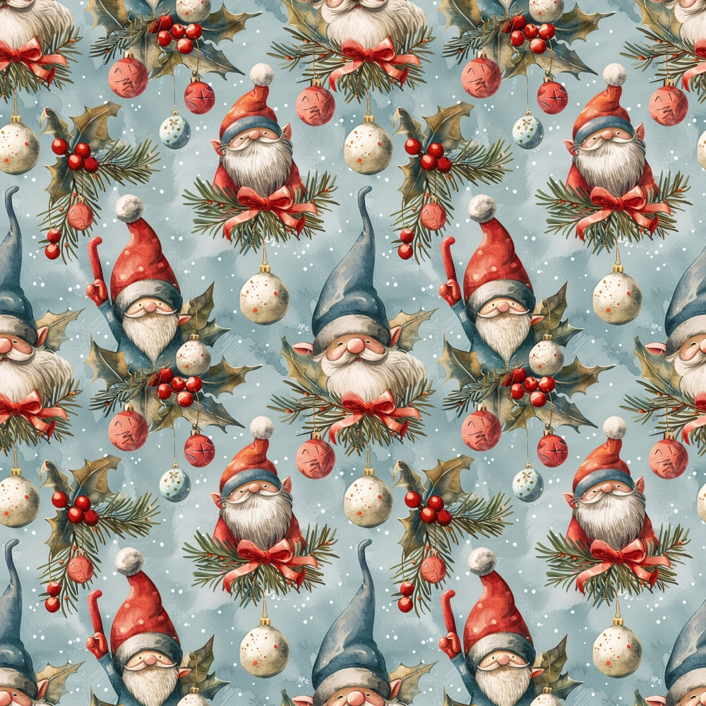 Festive pattern featuring gnomes in red and blue hats, surrounded by holly, pine branches, and ornaments on a light blue background. Repeated seamless design.