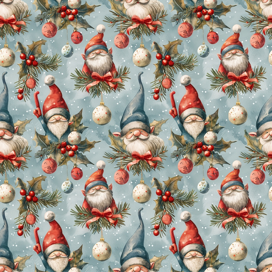 Festive pattern featuring gnomes in red and blue hats, surrounded by holly, pine branches, and ornaments on a light blue background. Repeated seamless design.