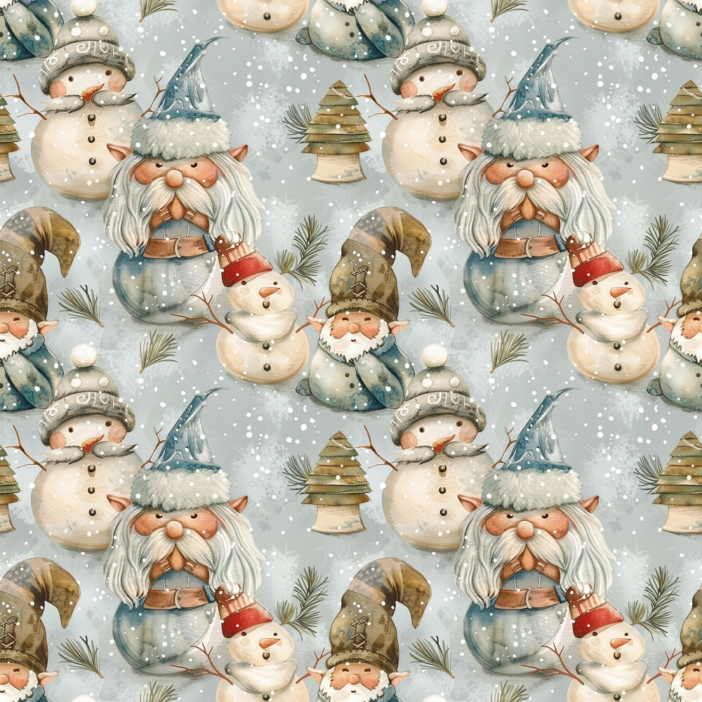 Seamless pattern featuring whimsical gnomes in blue hats, snowmen with red and gray hats, green Christmas trees, and snowflakes on a light background.