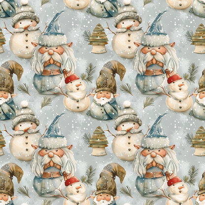 Seamless pattern featuring whimsical gnomes in blue hats, snowmen with red and gray hats, green Christmas trees, and snowflakes on a light background.