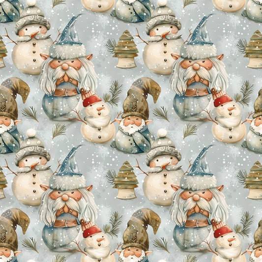 Seamless pattern featuring whimsical gnomes in blue hats, snowmen with red and gray hats, green Christmas trees, and snowflakes on a light background.