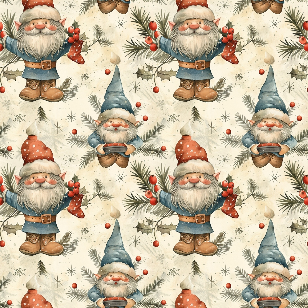 Pattern featuring repeated images of festive gnomes in red and blue hats, holding sprigs of berries and surrounded by pine branches and snowflakes.