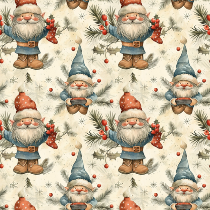 Pattern featuring repeated images of festive gnomes in red and blue hats, holding sprigs of berries and surrounded by pine branches and snowflakes.