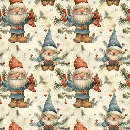 Pattern featuring repeated images of festive gnomes in red and blue hats, holding sprigs of berries and surrounded by pine branches and snowflakes.